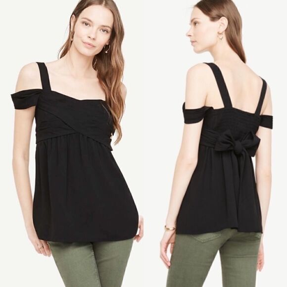 Ann Taylor Crepe Wrap Cold Shoulder Tie Back Top - Picture 1 of 9